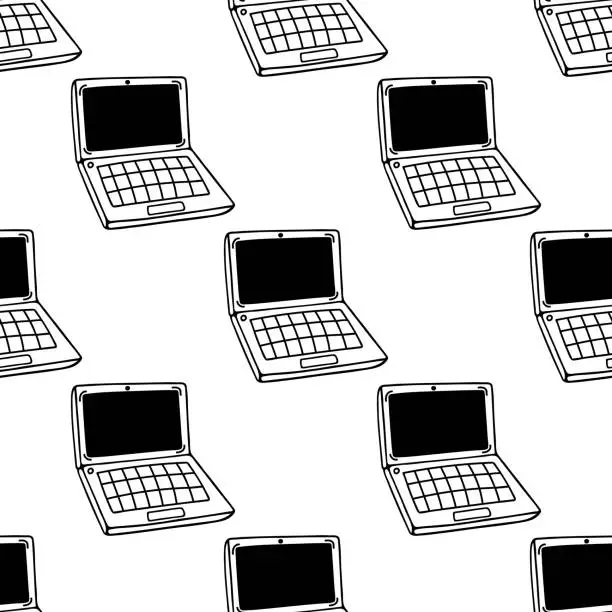 Vector illustration of Laptop seamless vector pattern. Device for games, web, office. Open wireless notebook with screen, keyboard. Simple doodle, sketch. Gadget in perspective view. Background for posters, packaging
