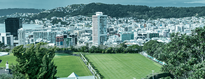 Wellington, New Zealand - September 5, 2018: Aerial view of the city from the top of a hill in spring season.