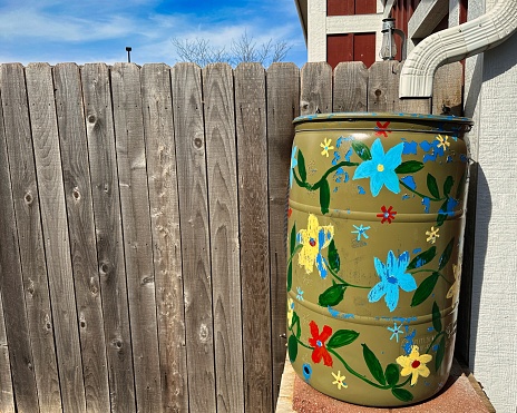Painted Flowers on Green Rain Barrel by Wood Fence