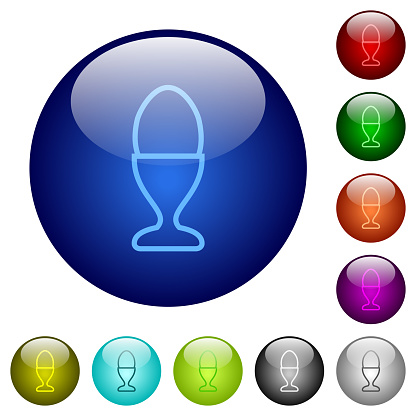 Egg in egg holder outline icons on round glass buttons in multiple colors. Arranged layer structure