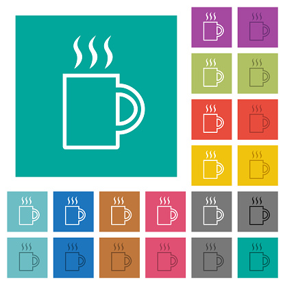 A mug of hot drink outline multi colored flat icons on plain square backgrounds. Included white and darker icon variations for hover or active effects.