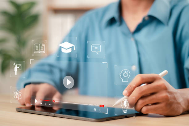 istock Person who attends online lessons on a digital screen. Education on internet, e-learning concept. Education internet Technology. 1484271124