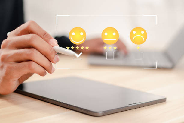 istock Customer satisfaction survey concept. Businessman rate customer service 5 stars. Customer evaluation. 1484273976