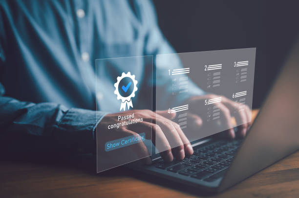 istock businessman Take an assessment for certificate, questionnaire, evaluation, online survey exam Choosing the right answer in the exam, filling out an online survey form. Answer the test questions. 1484275288
