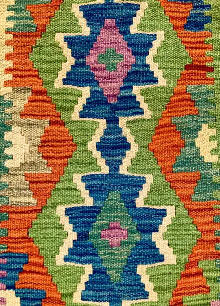 A close-up detail of an Afghan kilim rug  in blue, green and orange.