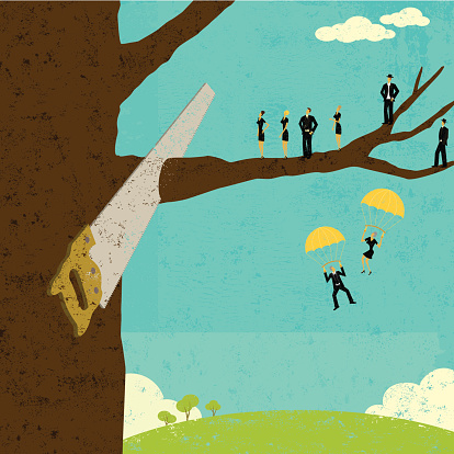 Business people watch as their branch is cut from the tree. The people, saw & tree, and background are on separately labeled layers.