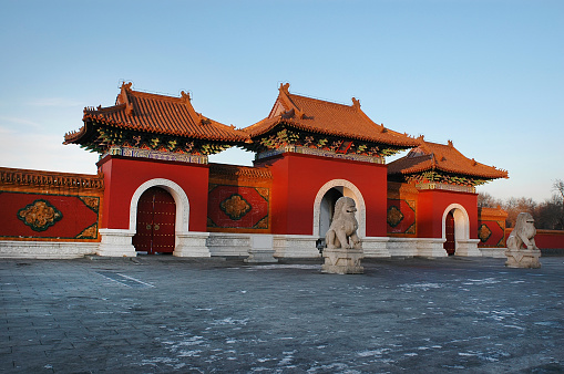 Old Red Gate Temple of Sun City Park Modern Skyscraper Beijing China Entrance to Altar area where Emperor would do devotions.