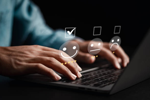 istock Customer satisfaction survey concept. Businessman rate customer service 5 stars. Customer evaluation. 1484278467