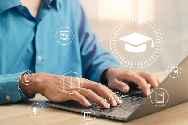 istock Person who attends online lessons on a digital screen. Education internet Technology. Education on internet, e-learning concept. 1484280472
