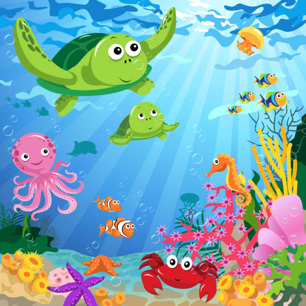 ilustraciones, imágenes clip art, dibujos animados e iconos de stock de ocean vida en el mar - starfish underwater sea fish