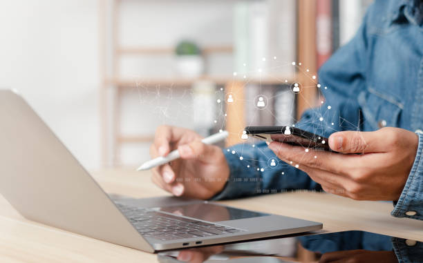 istock Businessman global network connection and customer data connection. digital marketing exchange of information innovation and technology. 1484287315