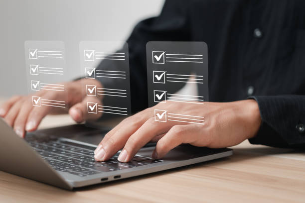 istock Questionnaire with checkboxes, filling survey form online, answer questions of test. Survey form concept. Education futuristic technology and learning concept 1484287399