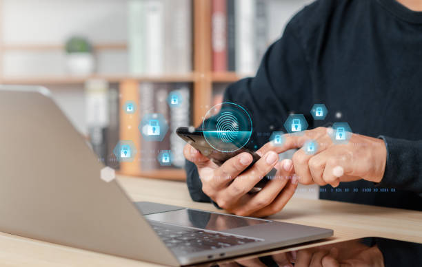 istock Biometric identity fingerprint scanner for personal financial access, digital application security, cyber security concept. 1484287575