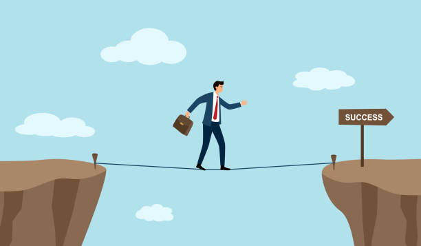 istock Businessman walk over cliff gap mountain for success in flat design. Business problem. 1484288583