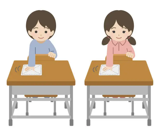 Vector illustration of Male and female children wiping the desk with a cloth