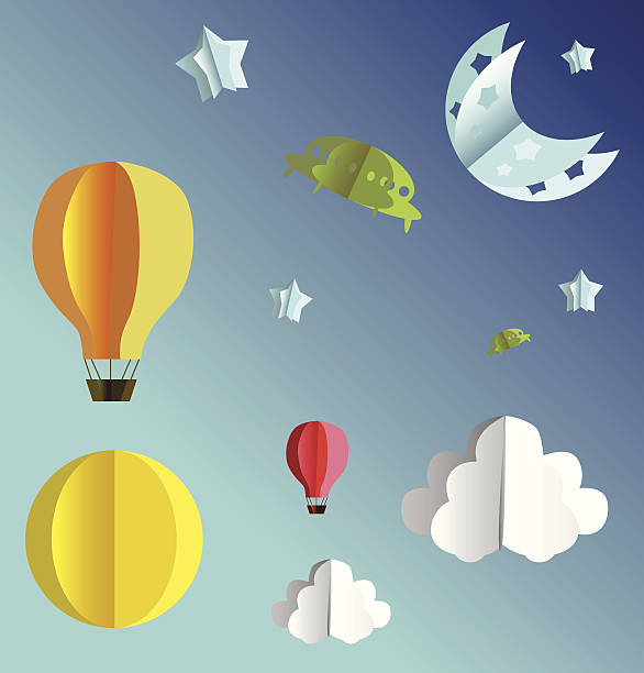 3d paper sky flying objects set vector art illustration