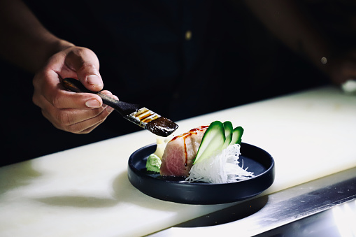 Nicely arranged delicious food setup in a restaurant, no people