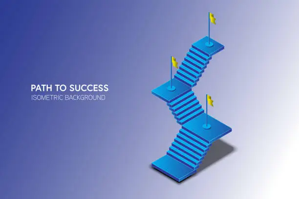 Vector illustration of The concept of the path to success on a blue background. Staircase up in a isometric style. Digital path abstract vector illustration
