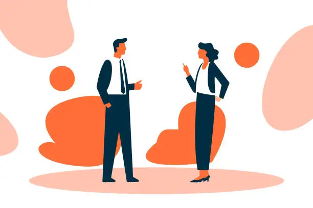 Vector illustration of Two business people discussed the business plan on white and orange color background. Business and teamwork concept. Flat design character theme. Vector illustration