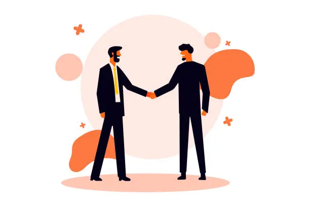 Vector illustration of Two businessmen doing handshake in the first meeting on white and orange background. Business startup project and people concept. Flat design character theme. Vector illustration