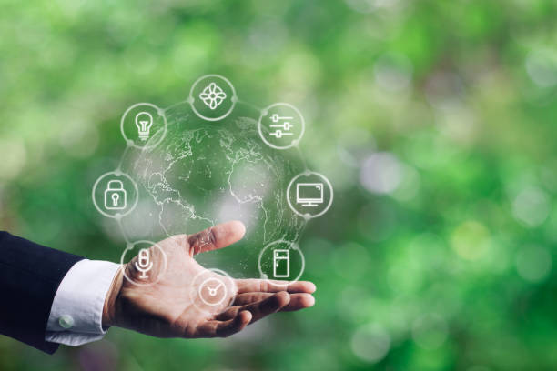 istock View of Businessman holding Smart home interface with icon on bokeh background. 1484302818