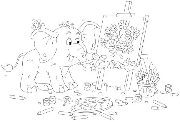 Vector illustration of Little elephant drawing summer flowers