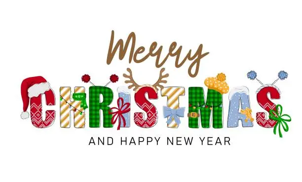 Vector illustration of Merry christmas and happy new year. Hand drawn doodle text with Santa hat, antler and garlands