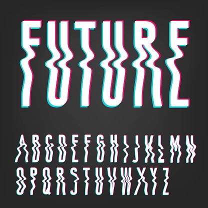 Modern wavy font with glitch effect in trendy psychedelic y2k rave style. Alphabet Uppercase. Nostalgia for 1990s -2000s. Vector illustration