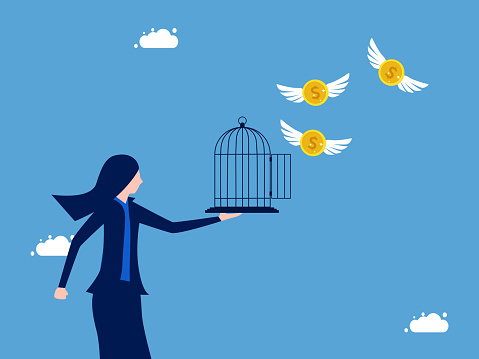 Businesswoman let the coin out of the cage. emancipation and financial freedom vector
