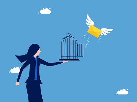 Businesswoman releases the letter from the cage. Mailing and freedom of communication vector