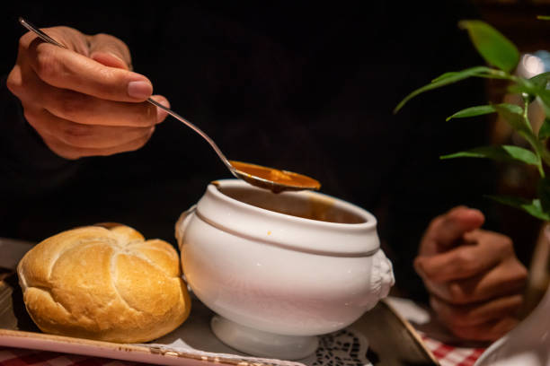 men is eating soap horizontal restaurant still