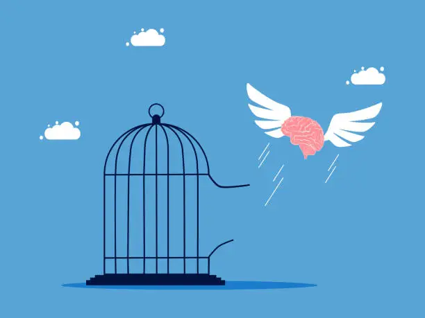 Vector illustration of brain flew out of the cage. Liberation of ideas and freedom