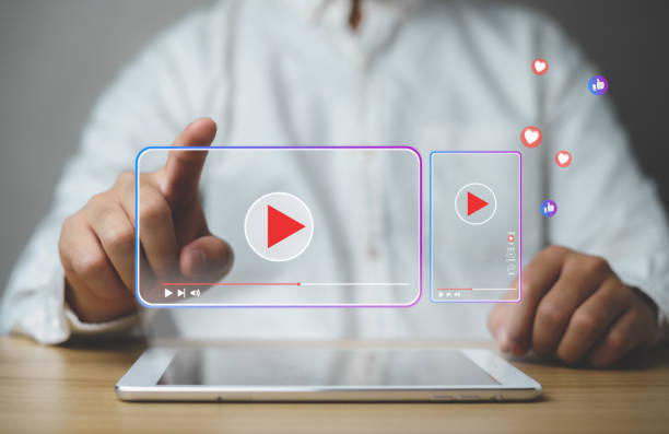 istock Man touch press button virtual short video online watch media screen with smart phone Using the Internet to connect to media, video, chat, doing business. 1484310004