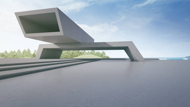 istock Abstract architecture design of modern building. Empty parking area concrete floor with beach and blue sky sea view. 1484311522