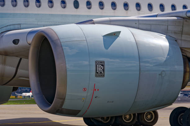 Close-up of Rolls-Royce engine of intercontinental airplane at Swiss airport. Airplane Cathay Pacific Airbus A350-1041 B-LXA taxiing at Swiss Airport Zürich Kloten on a sunny spring morning. Photo taken April 14th, 2023, Kloten, Canton Zurich, Switzerland. rolls royce stock pictures, royalty-free photos & images