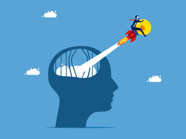 istock Business creative ideas. Brave businessman flies out of prison with a human head with a light bulb 1484311795