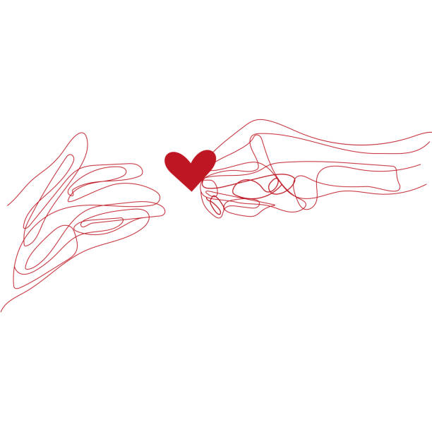 istock Continuous line drawing of hands with two heart minimalism design on white background. Two hands 1484314091