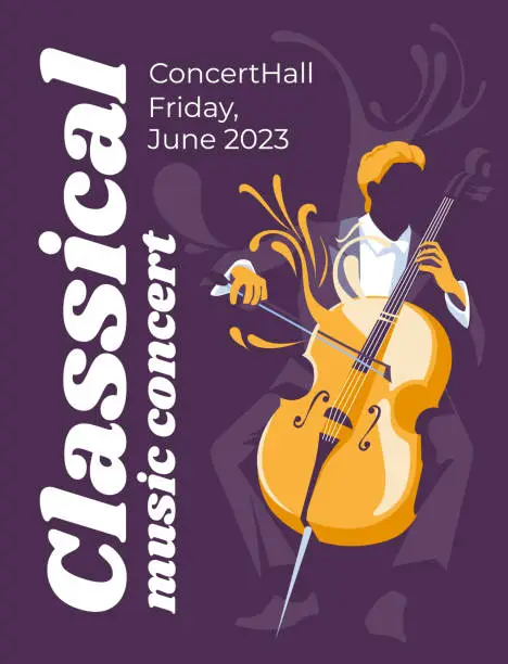 Vector illustration of Jazz and classical music event poster design concept. Cellist musician in burst. Abstract decorative background. Vector flat illustration