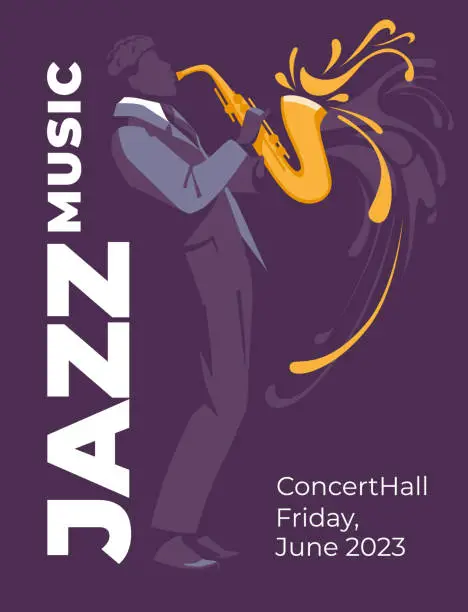 Vector illustration of Jazz and classical music event poster design concept. Saxophonist musician in the splash. Abstract decorative background. Vector flat illustration