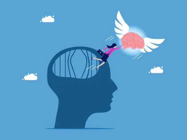 Vector illustration of Thought freedom. The brain leads the businesswoman to escape from the brain prison