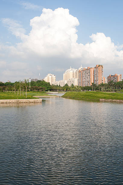 istock river leads to estate with clear sky as blackground 148431580