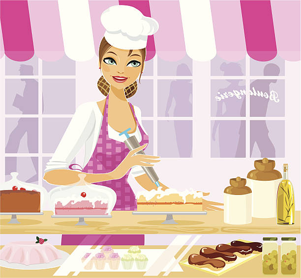 ilustrações de stock, clip art, desenhos animados e ícones de na padaria lady - bakery women cake cupcake