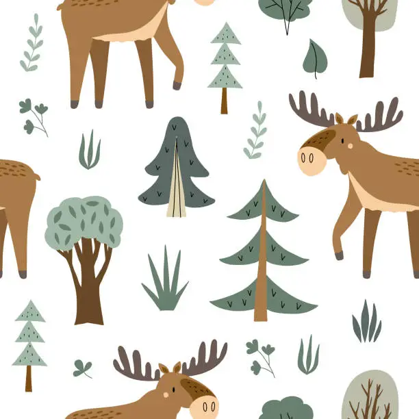 Vector illustration of Forest pattern. Cute trees and wild animals. Cartoon children's print, scandinavian style children's design. Textile decor, pasting with paper wallpaper. Doodle drawing elk seamless pattern