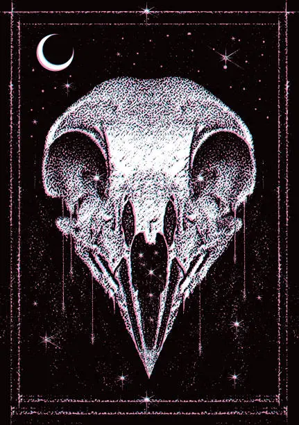 Vector illustration of Gothic Style Bird Skull with stars and moon and Glitch Technique