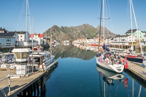 View on the small harbor of fishing village Henningsvær, Lofoten islands, Norway. 19 juli 2019, Henningsvær, Norway.