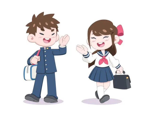 Vector illustration of Cute style couple of anime students cartoon illustration