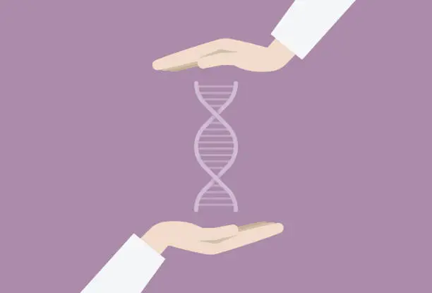 Vector illustration of Hand Holding DNA Strand for Biotechnology Concept,  Innovative Genetic Research and Healthcare Discovery