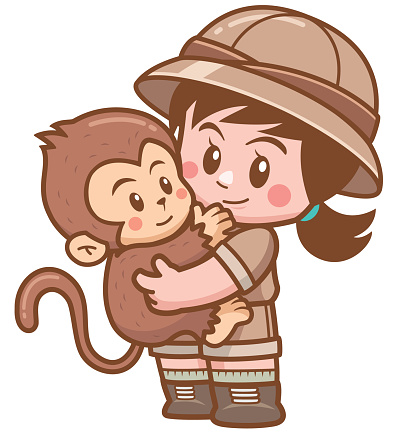 Vector illustration of Safari girl hugging monkey