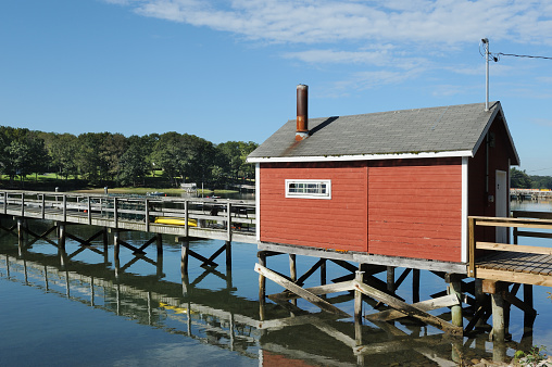 Red shed or storage building on a pier