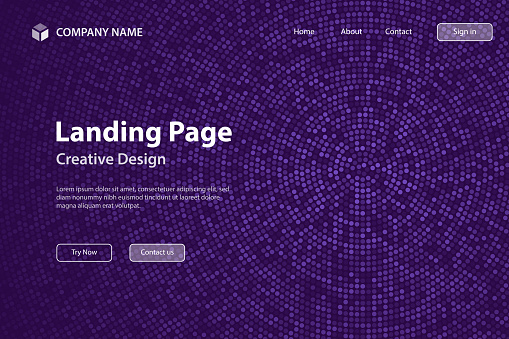 Landing page template for your website. Modern and trendy background. Halftone design with a lot of small dots and beautiful color gradient. This illustration can be used for your design, with space for your text (colors used: Purple, Blue, Black). Vector Illustration (EPS file, well layered and grouped), wide format (3:2). Easy to edit, manipulate, resize or colorize. Vector and Jpeg file of different sizes.
